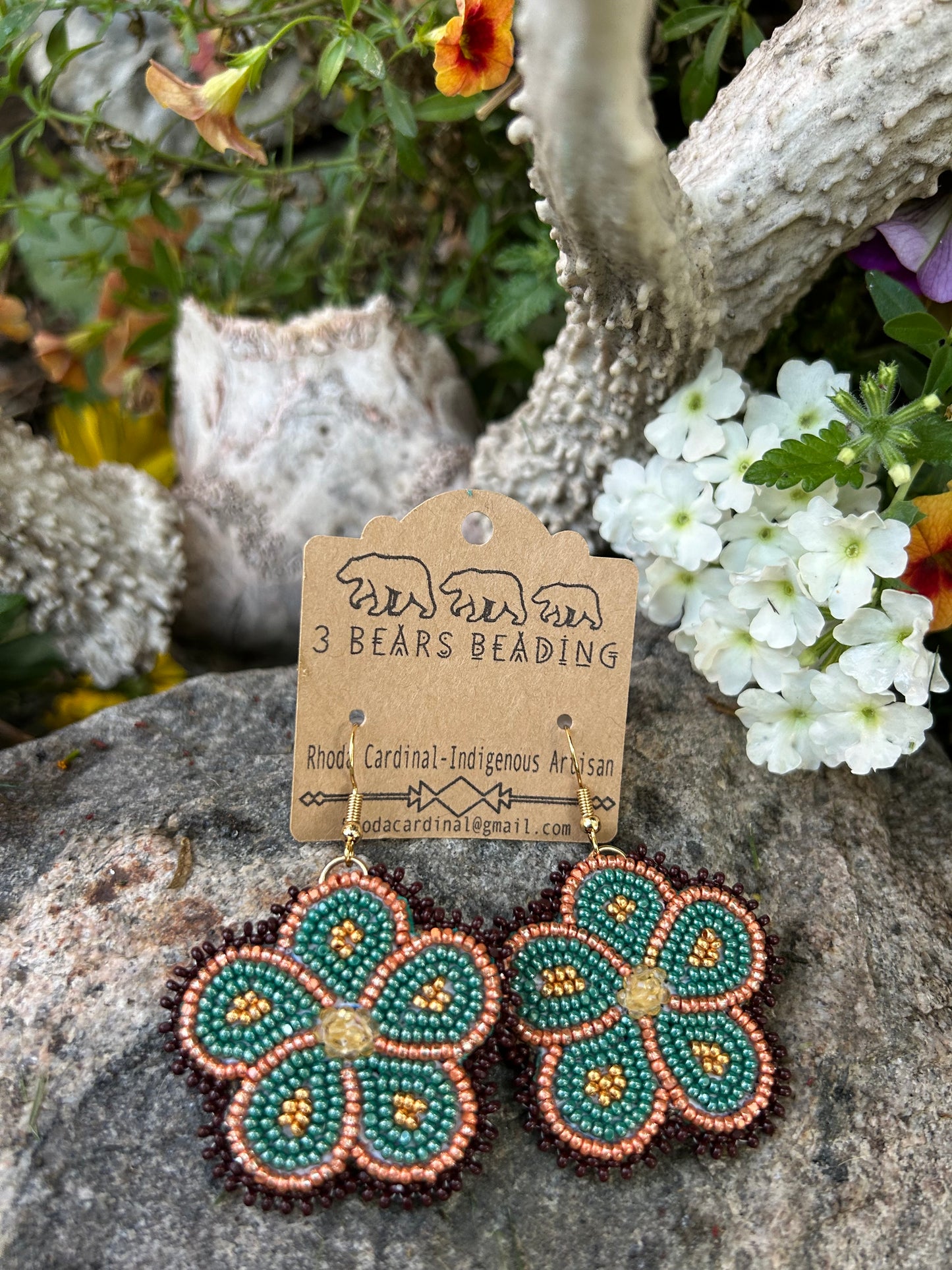 Indigenous hand made Metallic blue and copper floral earrings