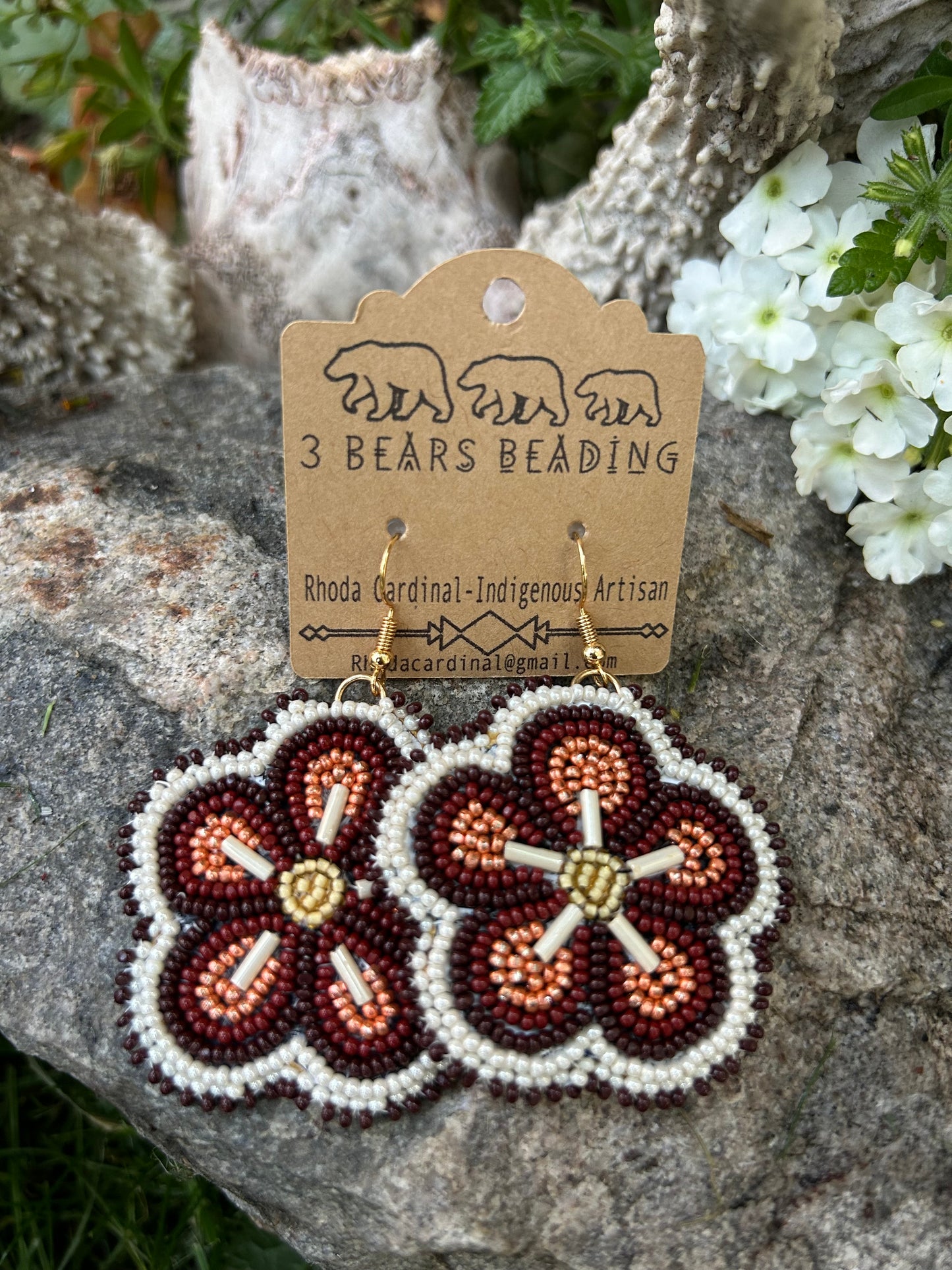 Handmade Beautiful, brown and cream floral beaded earrings