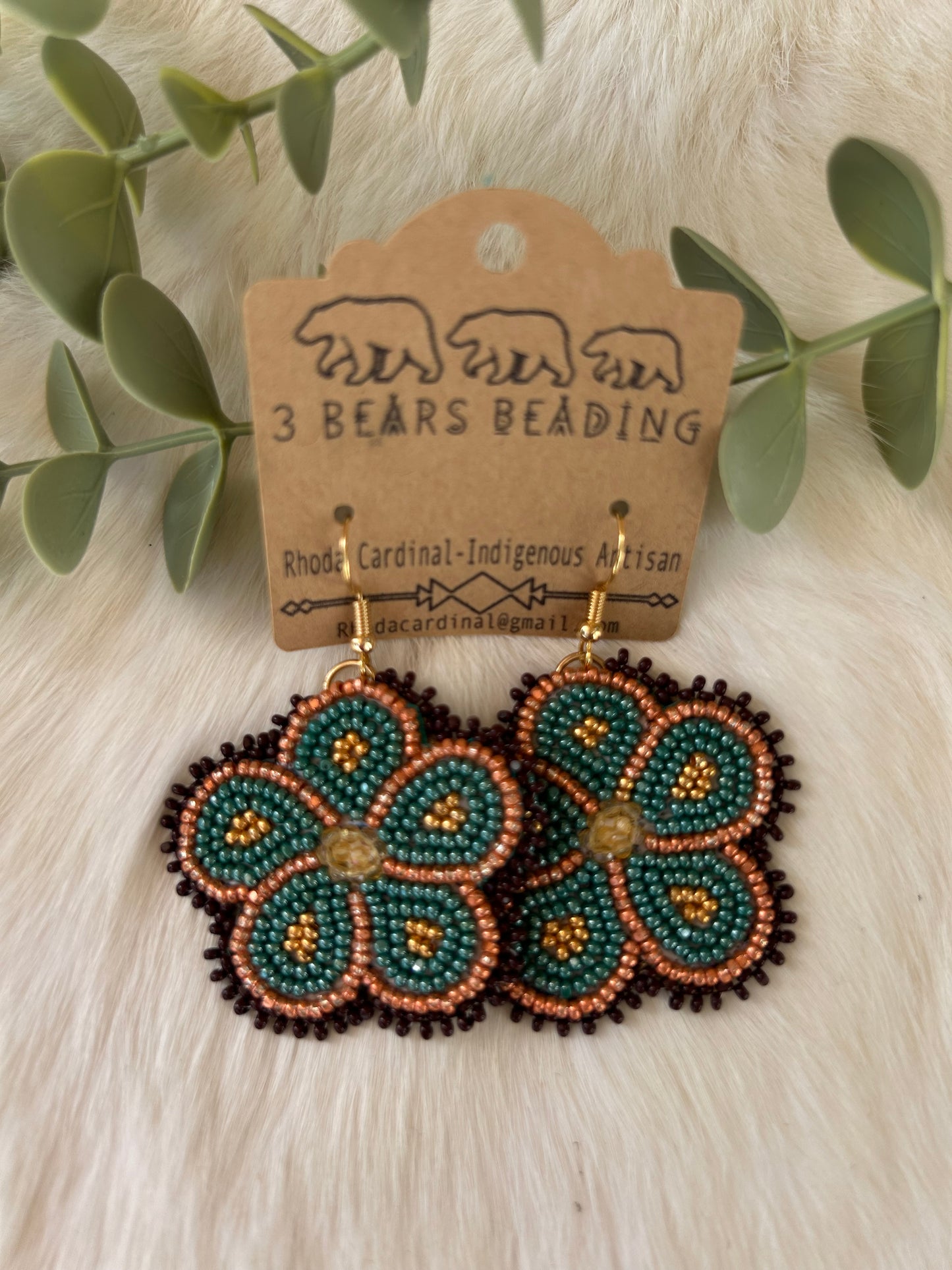 Indigenous hand made Metallic blue and copper floral earrings