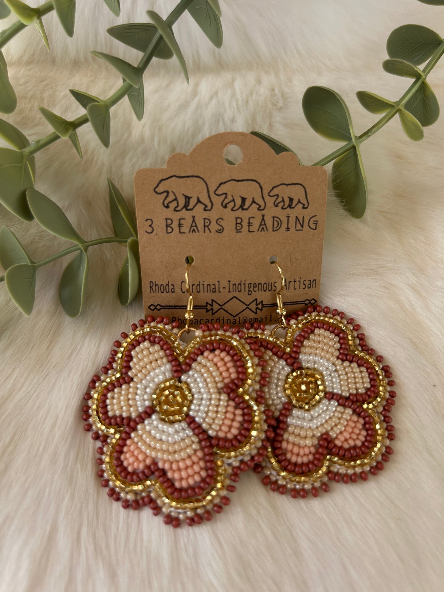 Handmade Beautiful, brown and cream floral beaded earrings