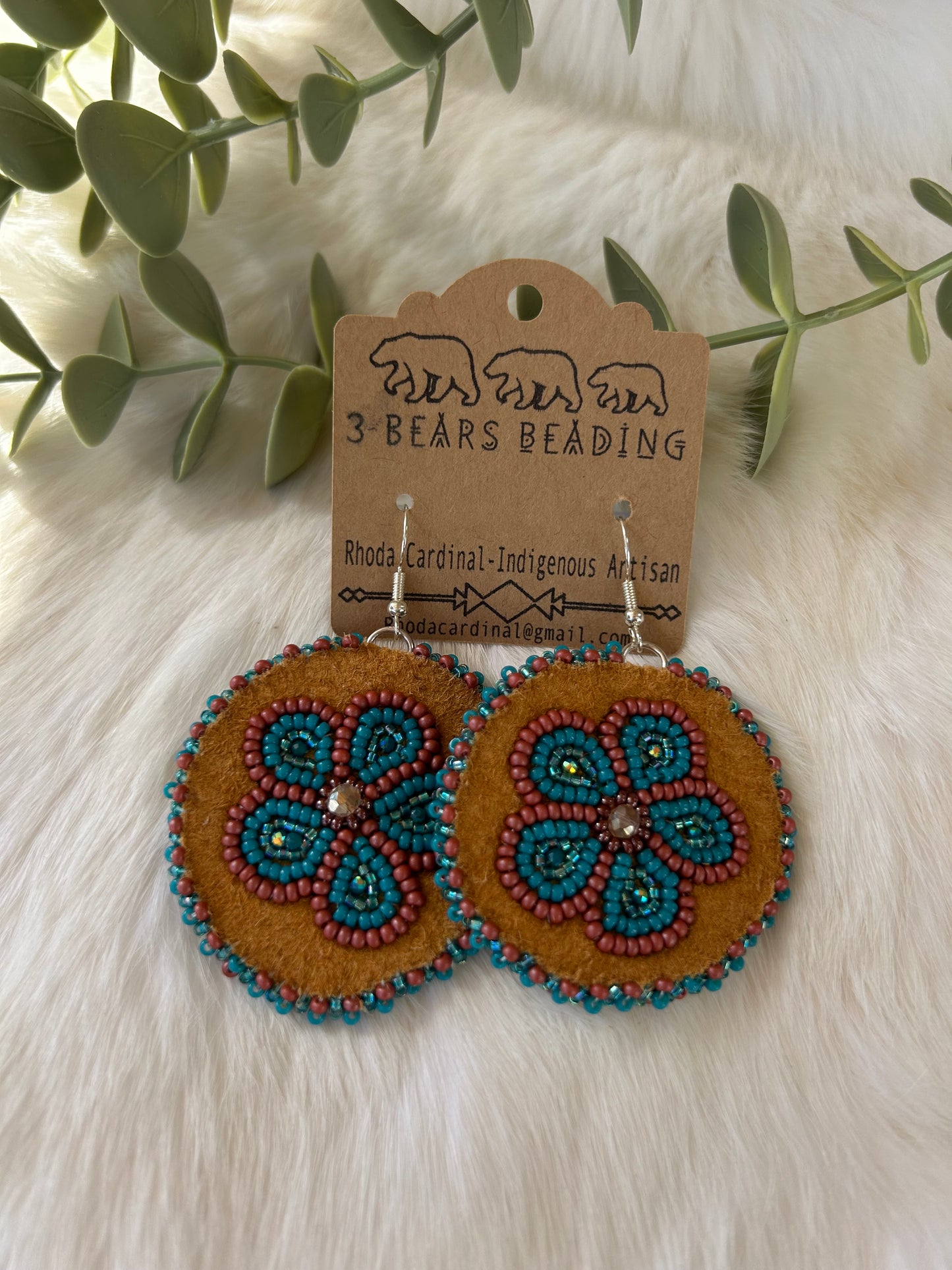 Authentic Indigenous Blue floral beaded Floral earrings on moose hide