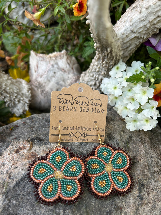 Indigenous hand made Metallic blue and copper floral earrings
