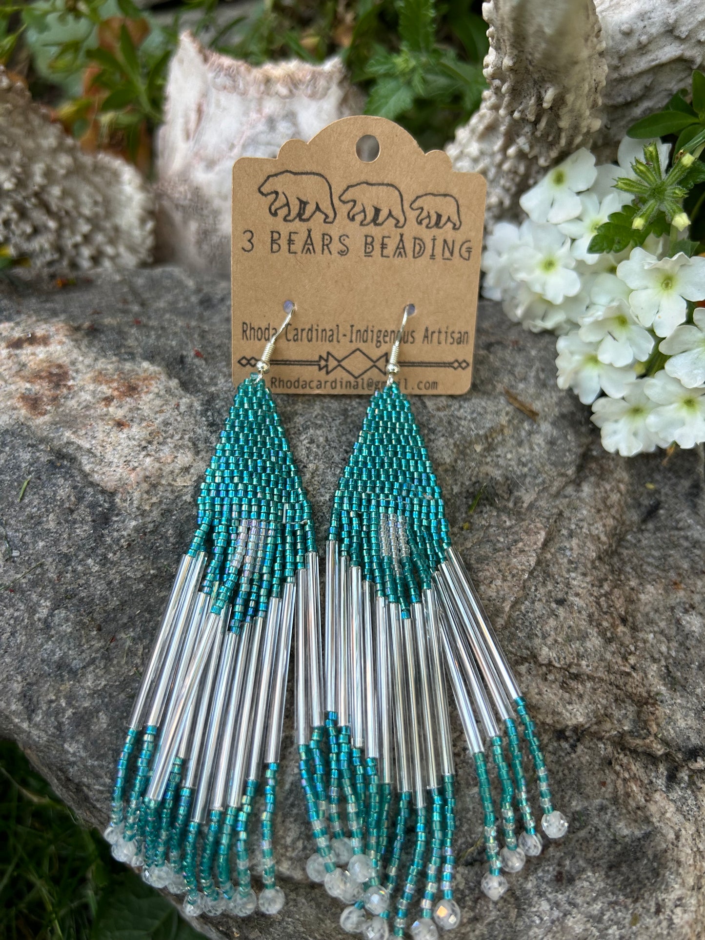 Authentic Indigenous Teal and silver fringe earrings