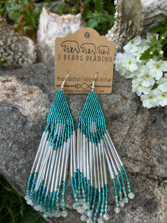 Authentic Indigenous Teal and silver fringe earrings