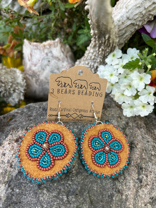 Authentic Indigenous Blue floral beaded Floral earrings on moose hide
