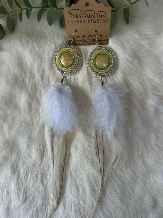 White Yellow & Teal beaded feather Earrings