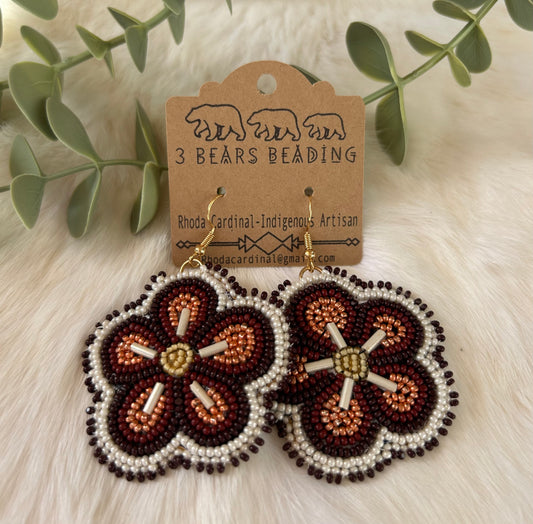 Handmade Beautiful, brown and cream floral beaded earrings