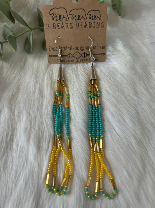 Yellow and teal dangle earrings with silver accents