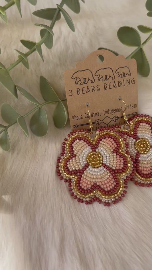 Handmade Beautiful, brown and cream floral beaded earrings
